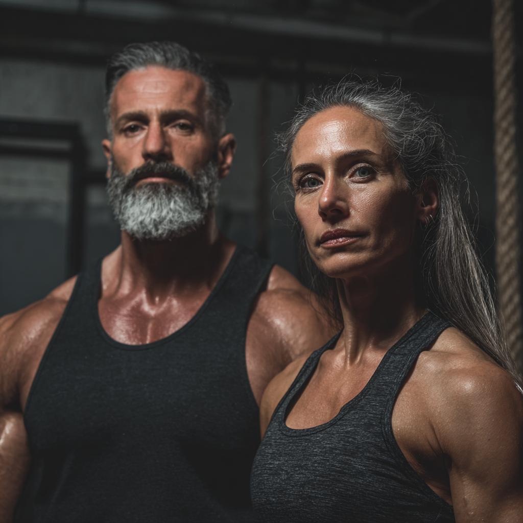 Diverse group of Hungarian adults of various ages exercising together in a modern fitness studio with natural lighting, showing strength training and functional movement exercises