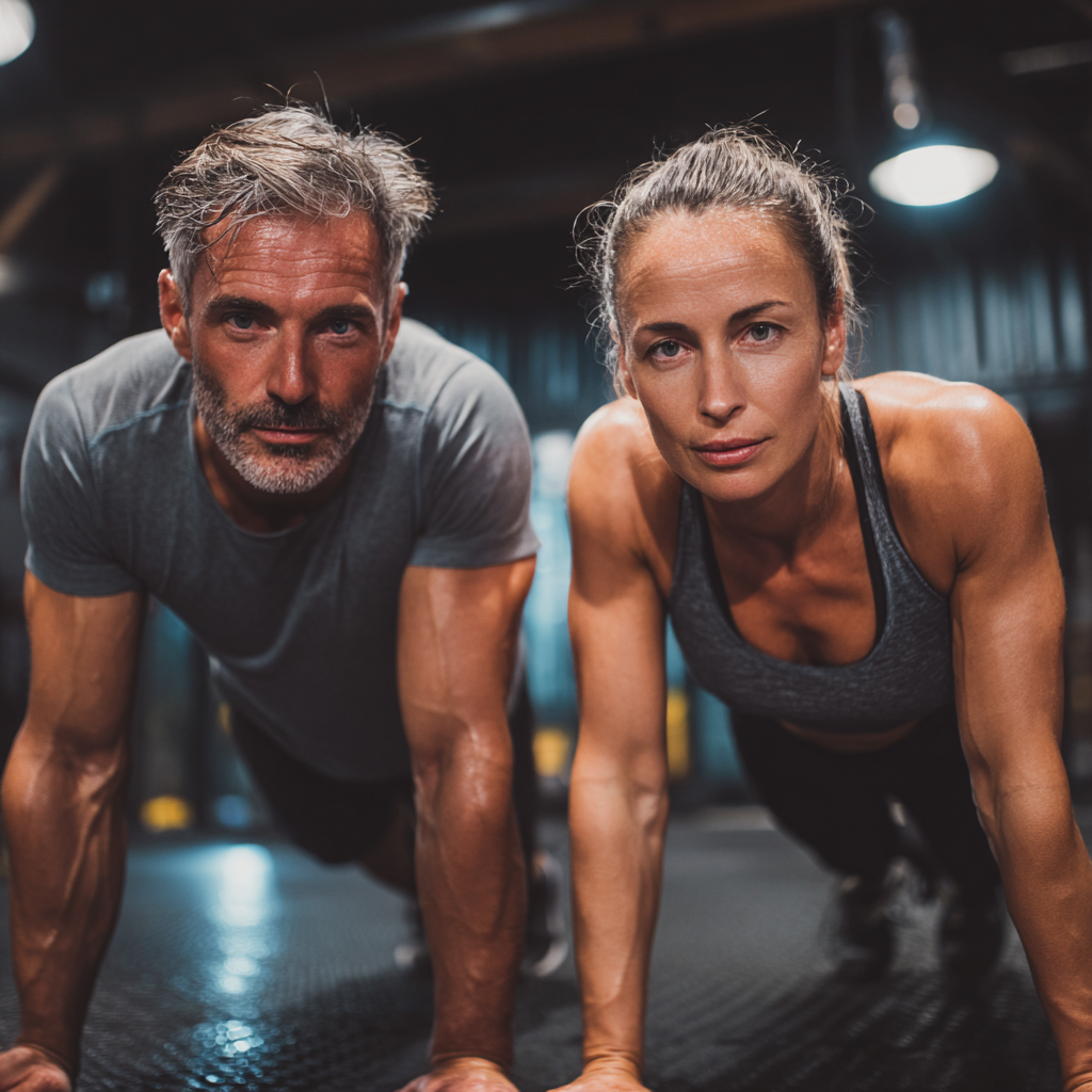 Smiling Hungarian couple in their 50s exercising outdoors in a park, showing confidence and vitality while doing functional fitness movements together